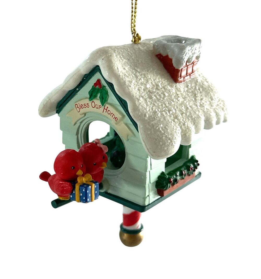 Vintage 1992 Lustre Fame Christmas Birdhouse Ornament Cardinals Bless Our Home